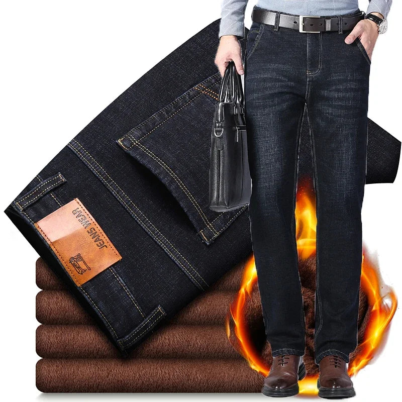 2025 Winter Warm Denim Casual  Fleece  Jeans Men Elasticity  Slim Fit Stretch Thick Velvet Pants Black Grey Blue Jeans