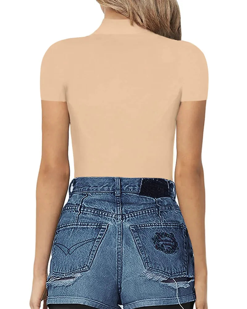 2023SpringSummer New Fashion Europe America Sexy Solid Color Medium High Neck Short Sleeve Casual Elegant Women's Tight Bodysuit