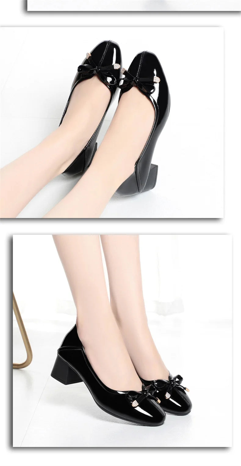 Spring New Comfort Soft Bottom Round Toe Solid Ballet Shoes Low Heel Bow Pumps Low Top Flat Patent Leather Single Shoes Viralgem Store