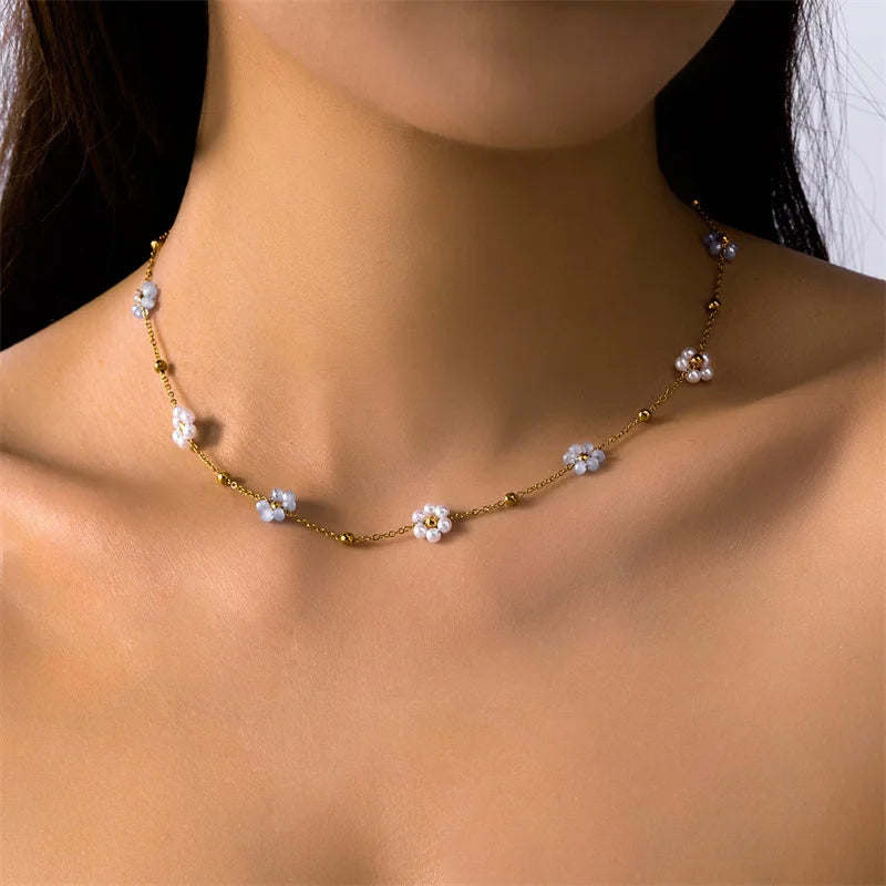 Sweet Imitation Pearl Flower Bracelet Jewelry Set for Women's Hand Neck Fashion Metal Chain Necklace Boho Accessories Gifts