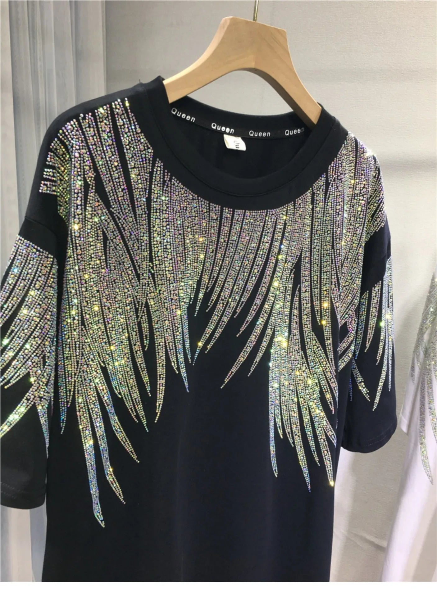 Women Tops Sequin Print Tees Round Neck Half Sleeve Loose Casual Regular Splice T Shirts Simple Hot Drilling Mid Length Top