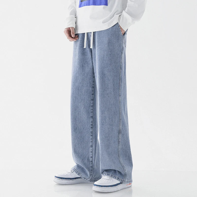 Spring Men Baggy Washed Jeans Drawstring Wide Leg Cargo Denim Pants Fashion Casual Trousers Male Designer Clothing Blue Black