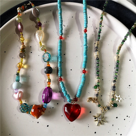 Vintage Colored Harajuku Beaded Star Sun Moon Heart Necklace Women Chinese Style Ethnic Handmade Jewelry Fashion Y2K Charm Gifts