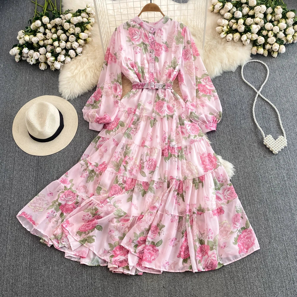 Spring Autumn Women Floral Chiffon Long Dress Vintage Purple/Pink/Black/Beige Stand Collar Single Breasted Maxi Robe Elegant New Viralgem Store