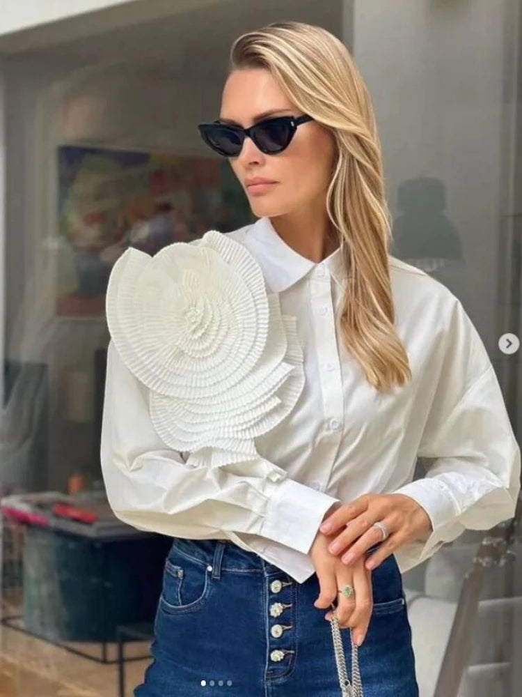 Tangada 2024 Spring Women Blue Flower Shirt Long Sleeve Female Loose Blouse Tops 4T02 Viralgem Store