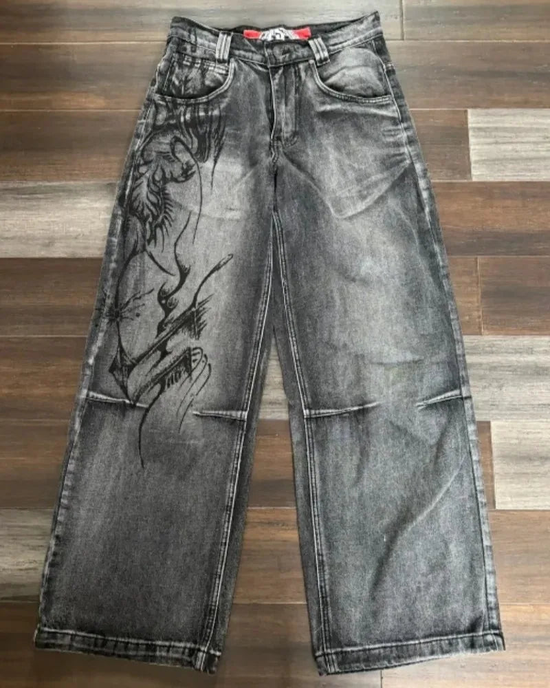 2024 American New Harajuku Vintage Oversized Printed Jeans Women Y2K Washed Old Hip Hop Gothic High Waist Wide Leg Trousers Viralgem Store