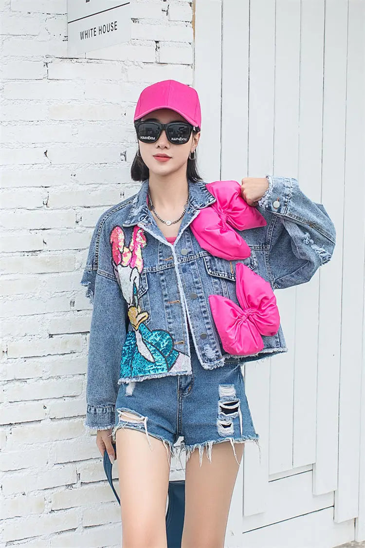 2024 New Women Coat Cartoon Sticker Embroidered Sequin Short Denim Jacket Loose Bowknot Top