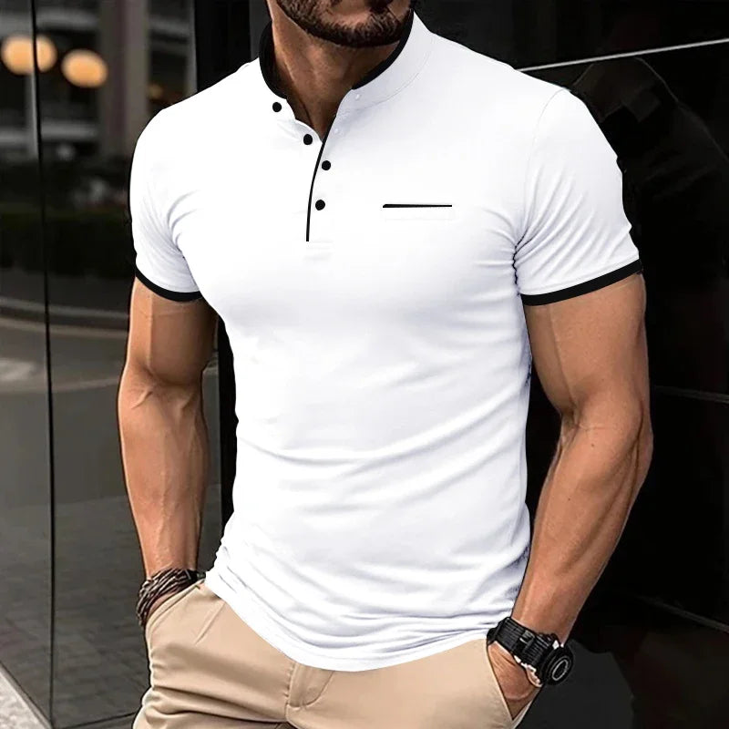 2025 New Men's Casual and Fashionable Solid Color Short Sleeved Stand Up Collar T-shirt Summer Versatile and Comfortable Top