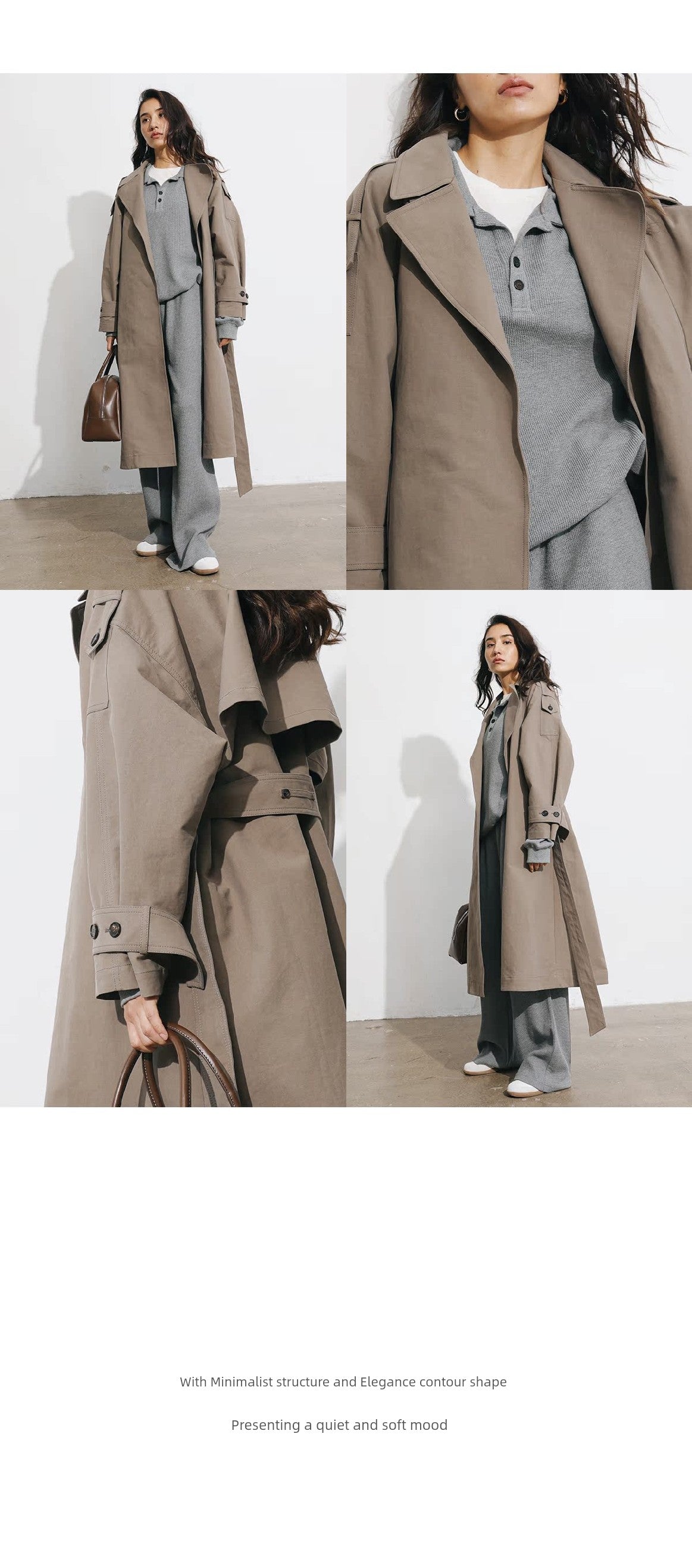 Women's Spring Clothing Fashion Gray Coffee Color Loose Shoulder Ins Style Minimalist Casual Very Wide Long Trench Coat
