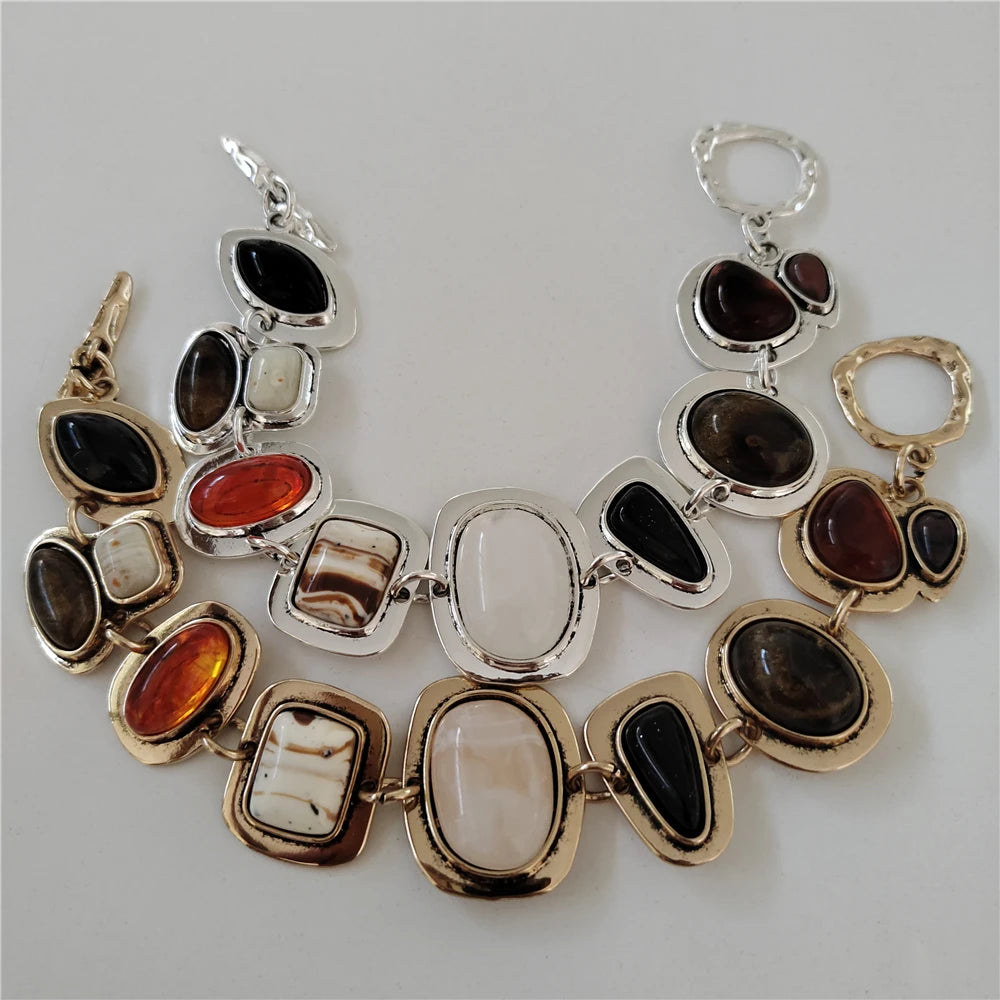 2025 New Indian Vintage Statement Resin Bracelets Women Boho Ethnic Gold Silver Plated Metal Links Charm Bracelets Jewelry