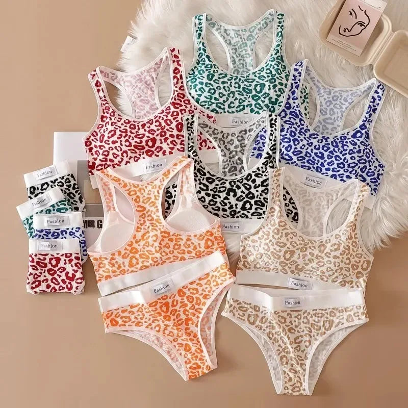 Women Seamless Bra Set Low Waist Panties Leopard Bralette Sexy Lingerie Set Vneck Sport Brassiere Female Cotton Underwear Set
