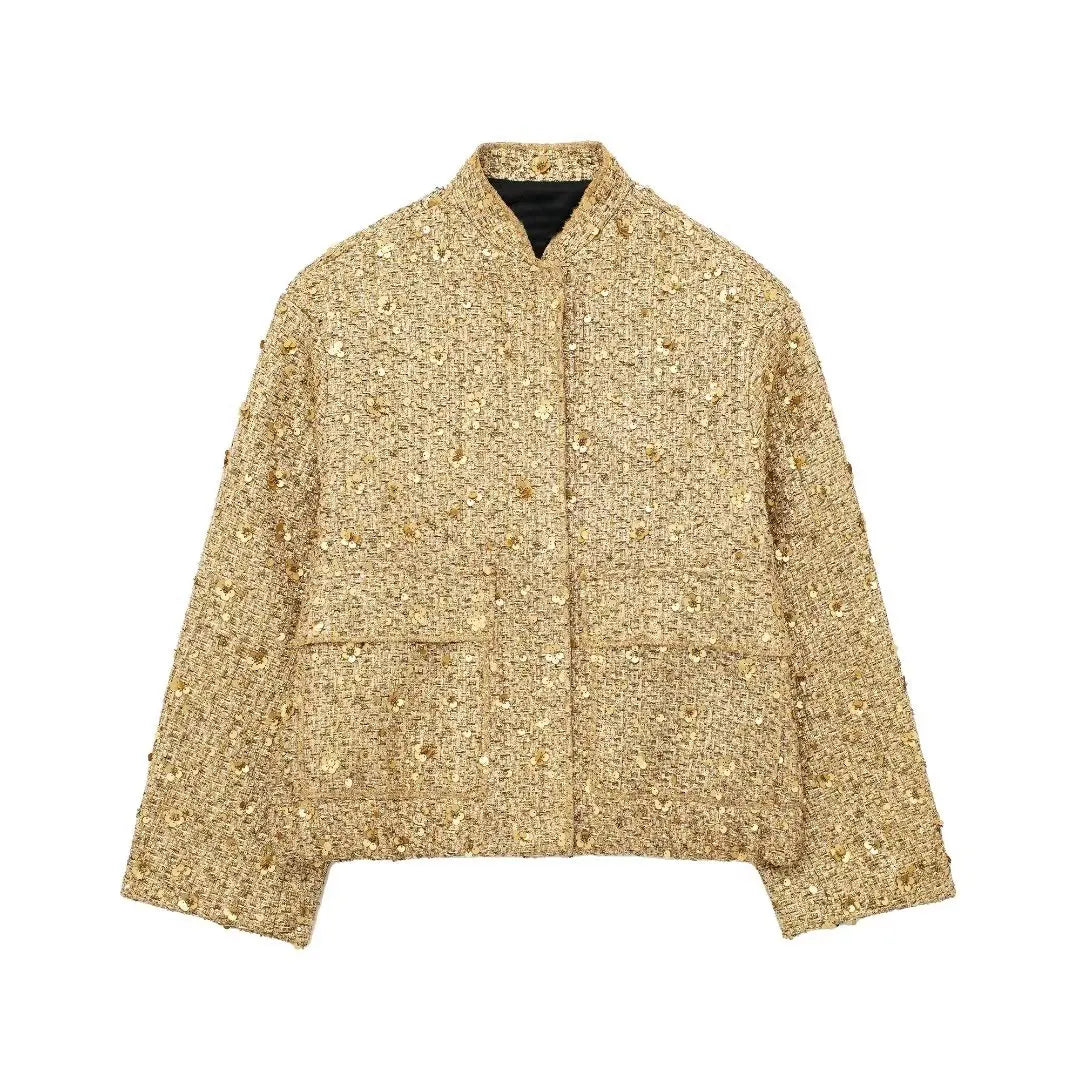 TRAFZA Women Trend Gold Sequin Decoration Loose Short Jacket Woman New Fashion Coat Versatile Warm Chic And Elegant Female Coats Viralgem Store