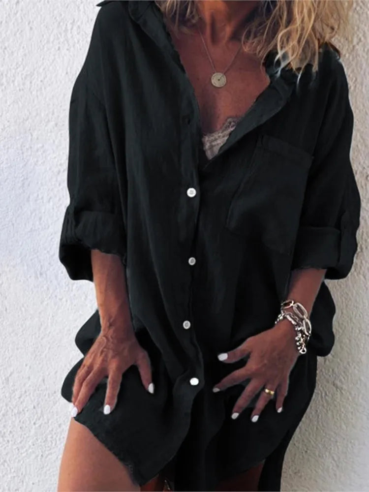 Women's Summer New Fashion Cotton Linen Pocket Beach Button Long Sleeved Shirt Casual And Comfortable Plus Size Women's Clothing Viralgem Store