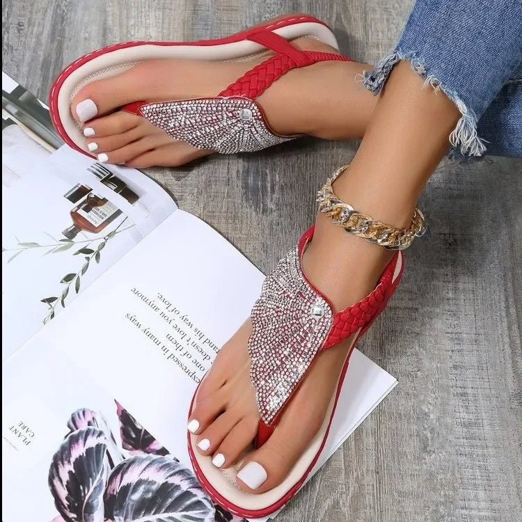 2024 Women's Summer Shoes Fashion Rhinestones New Sandals Flat Outdoor Beach Sandals Women Casual Clip Toe Sandalias De Mujer