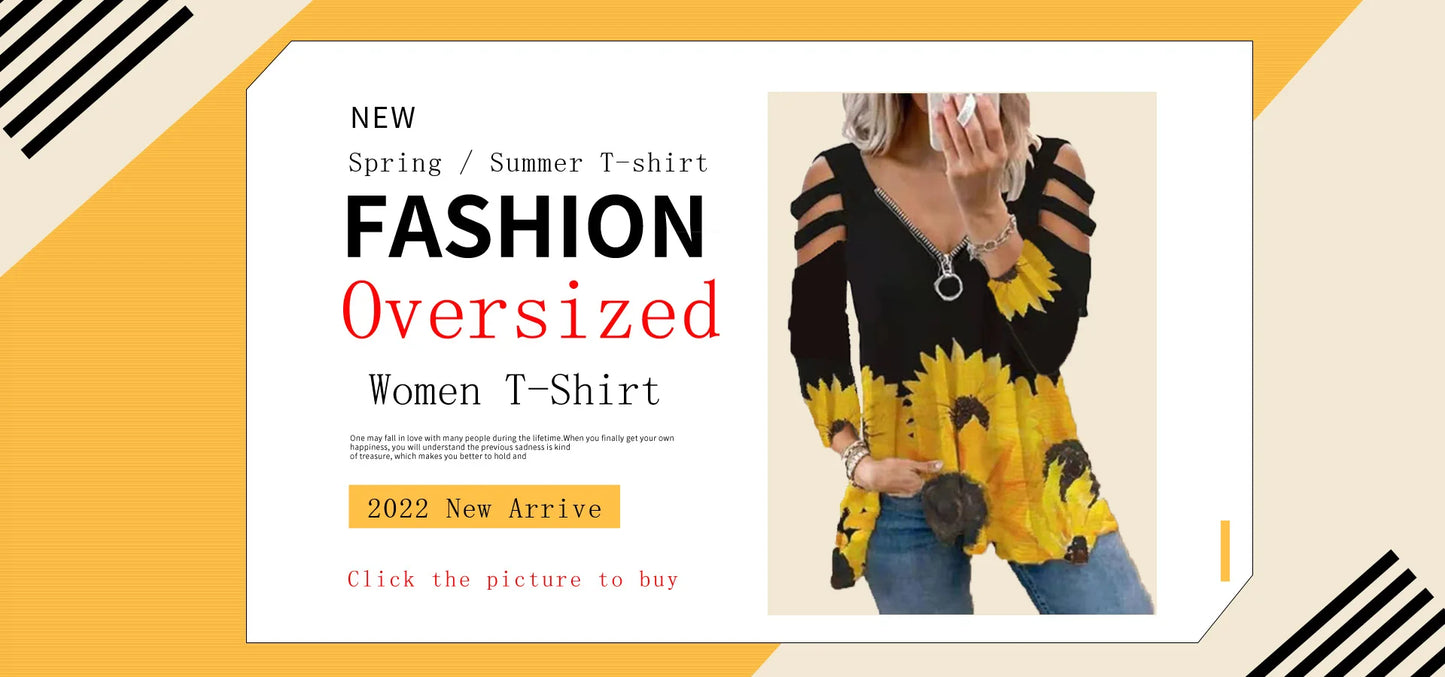 Summer Women's Oversized T-shirt 2022 Elegant Print Floral Casual Zipped V-Neck Sexy SlimTop Female Plus Size For Women Clothing