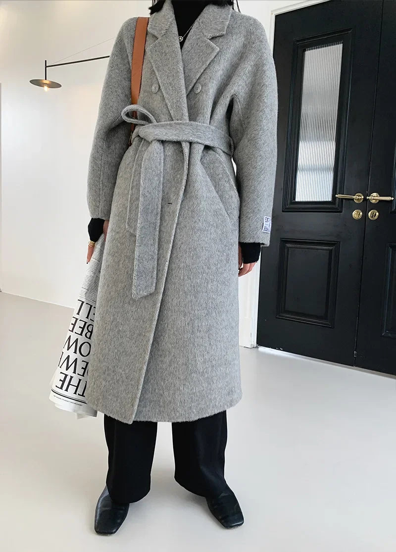 2024 Autumn Winter Wool Coat Women Double-breasted Solid Color Women's Double-sided Woolen Belt Coats Loose Warm Wool Jacket