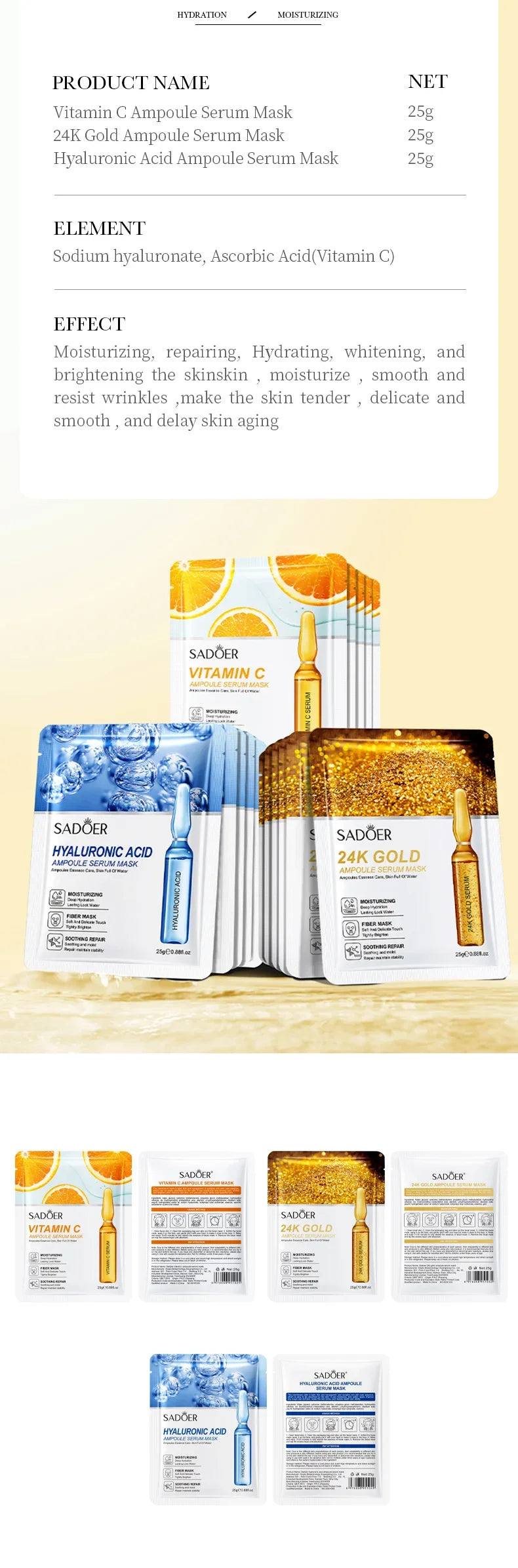 15pcs 24K Gold Hyaluronic Acid Face Mask Facial Firming Moisturizing Anti Wrinkle Whitening Facial Masks Skin Care Products