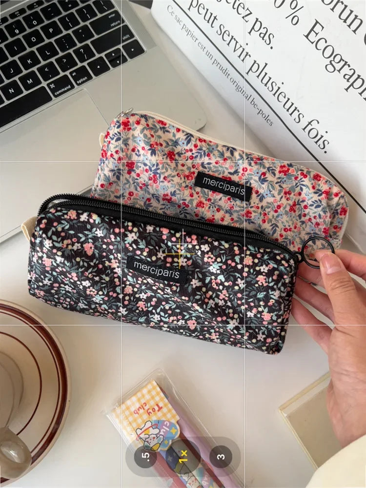 Women Flower Cosmetic Bags Girl Pencil Case Embroidery Student Korean Kawaii Cases for Girls Make Up Brush Storage Pouch