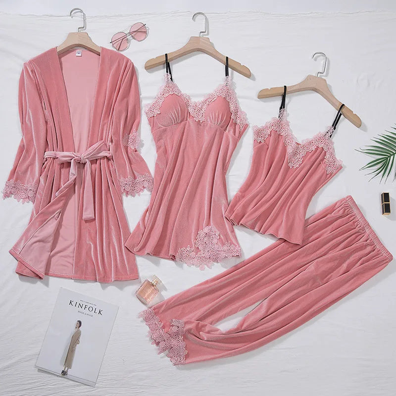 TOP Casual Velour Home Clothing 4pcs Sleep Set Intimate Lingerie Women Pajamas Suit Long Sleeve Lace Velvet Homewear Pyjamas Viralgem Store