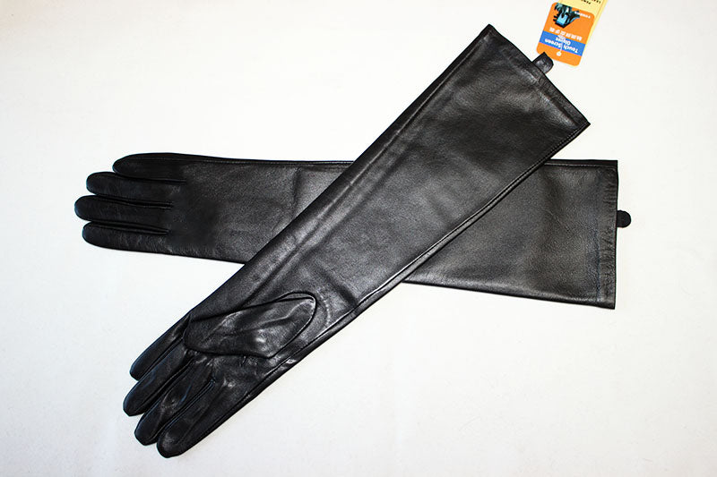 Touch Screen Extra Long Leather Sheepskin Gloves Women's Black Fashion Simple Straight Style Velvet Lining Winter Warm Sleeve