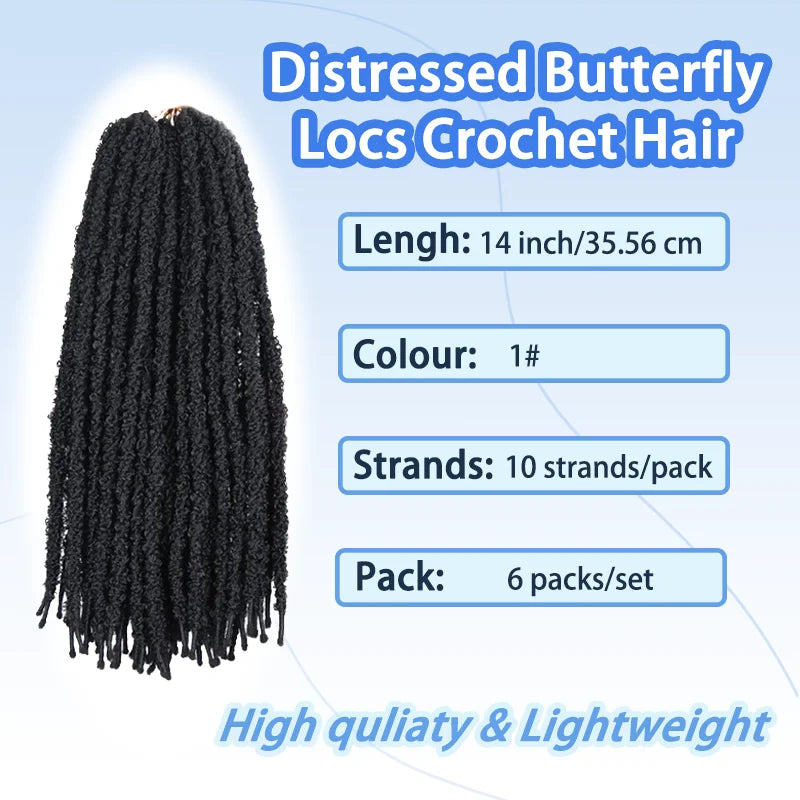 Synthetic Distressed Butterfly Locs Crochet Hair, 6 Packs Long Black Butterfly Jumbo Loc Light Weight Soft Faux Locs
