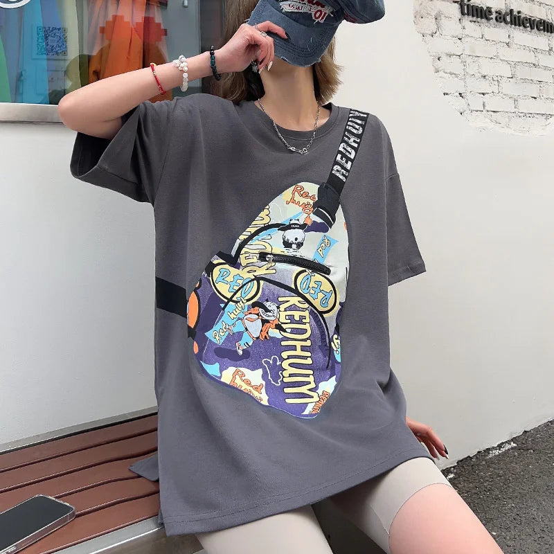 Summer Y2k Clothes New Messenger Bag Printed Pocket Zipper T-shirt Women Europea Style Casual Large Size Couple Casual Tees Tops