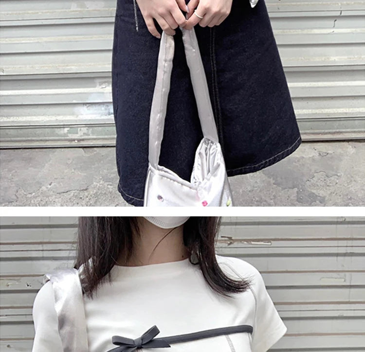 Yedinas High Quality Cotton T Shirt Women Clothes Korean Fashion Summer Tops Short Sleeve Bow Bright Line Decoration Tees Y2k