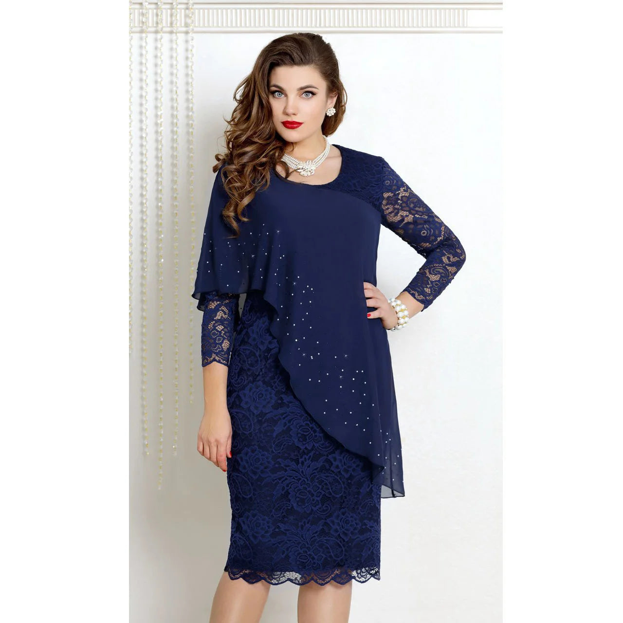 Women's Plus Size New Year Knitted Dresses 2022 Mesh Lace Long Sleeve Stitching Luxury Evening Fake Two-piece Chiffon Dress 90s