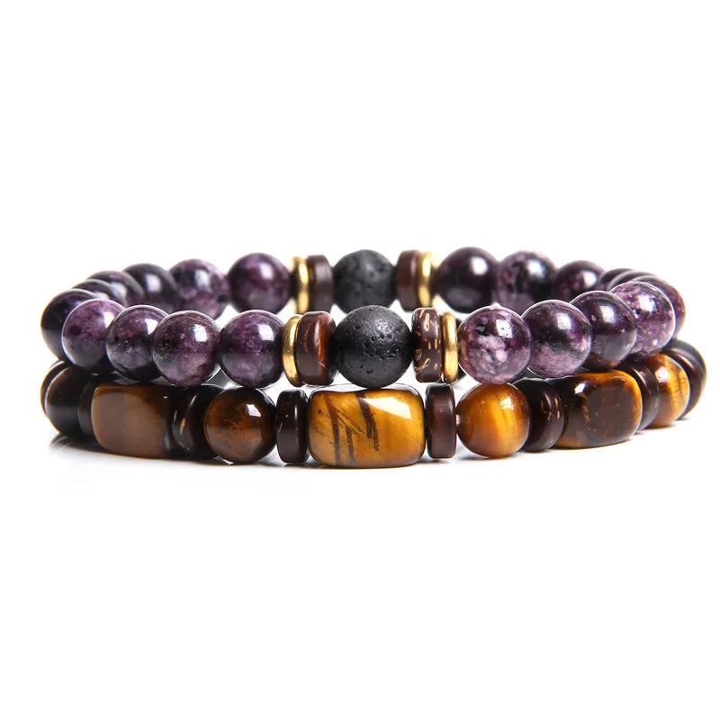 2 Chain Bracelets Friendship Jewelry Handmade Elastic Men Bangle Natural Tiger Eye Stone Beads Bracelet Unisex Pulsera Hombre Viralgem Store