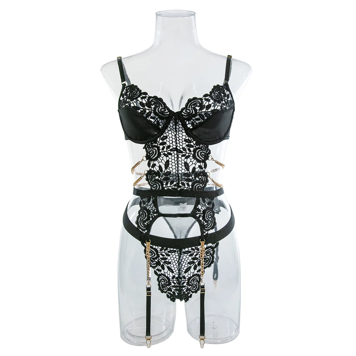 Yimunancy 2-Piece Flroal Lace Erotic Set Women Cut Out  Fashion Chain Decorated Lingerie Set Sexy Brief Kit Viralgem Store