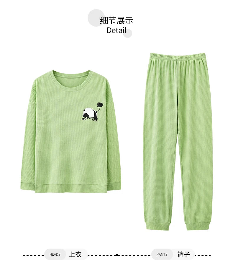 SUKAE Waffle Cotton Korean Minimalist Style Women Pajamas Spring Autumn Long Sleeves Lady Sleepwear Kawaii Round Neck Homesuits