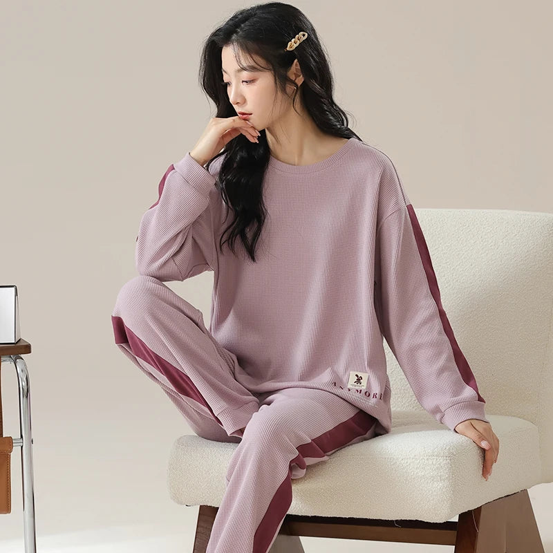 SUKAE Waffle Cotton Korean Minimalist Style Women Pajamas Spring Autumn Long Sleeves Lady Sleepwear Kawaii Round Neck Homesuits