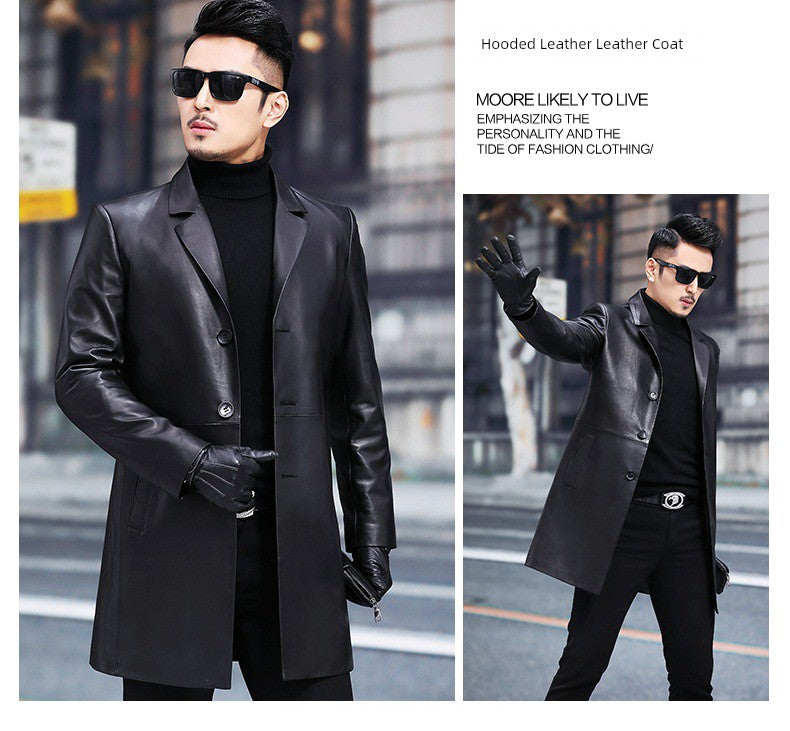 2024 New Arrival Haining Genuine Leather Clothes Men's Mid Length Long Length Trench Coat Fur Outwear Silm K-style Suit Collar Leather Jacket