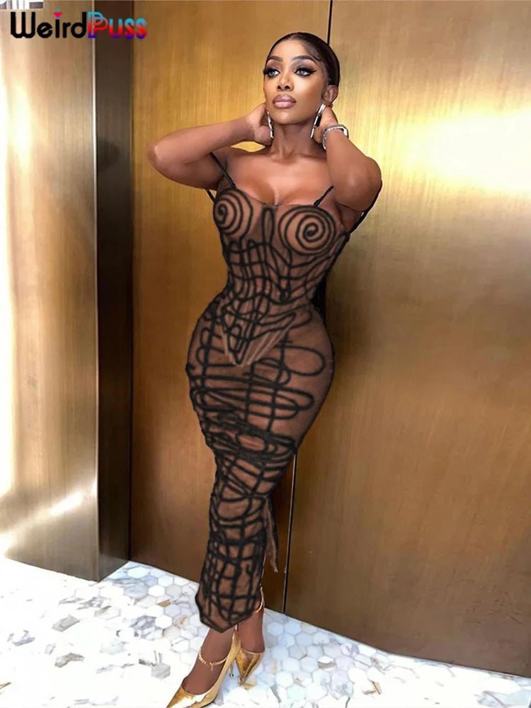 Weird Puss Stripe Print Sexy 2 Piece Set Women See Through Coquette Camisole+Long Skirts Midnight Clubwear Party Matching Suits Viralgem Store