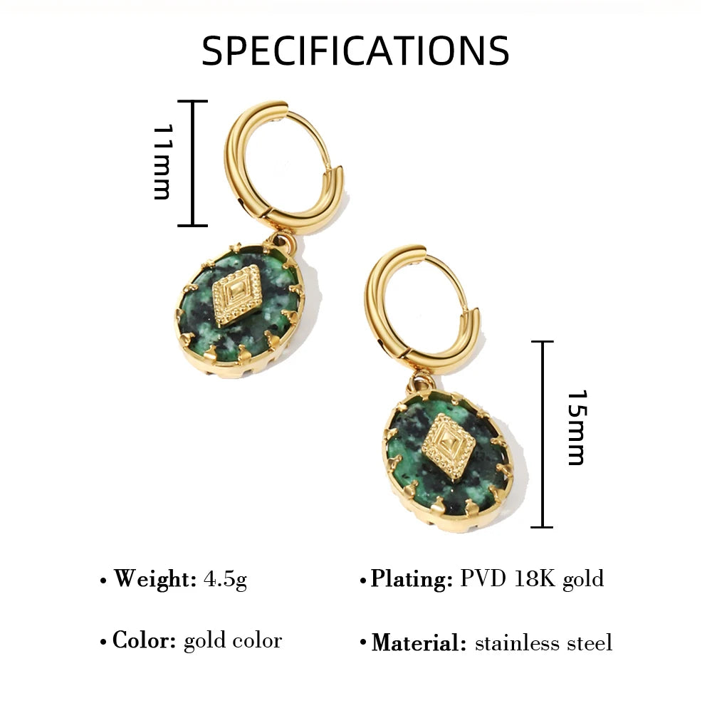 WILD & FREE 18K Gold Plated Natural Stone Stainless Steel Drop Earrings for Women Green African Turquoise Charm Vintage Jewelry