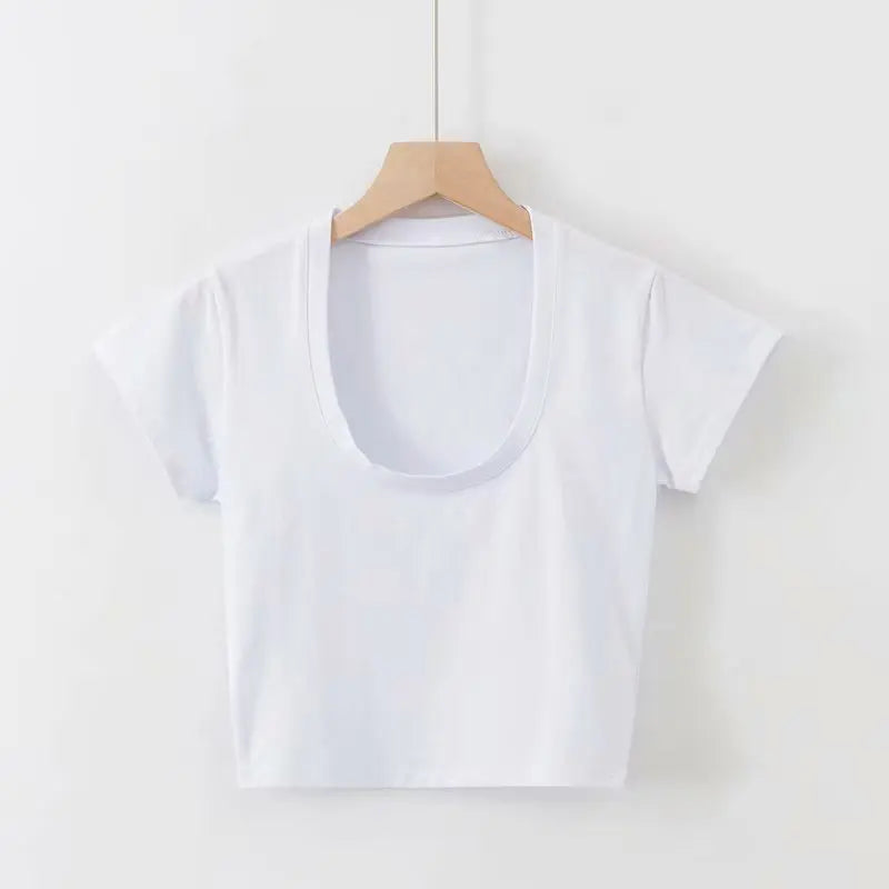 U-Neck Crop Top Solid Color Women Casual High Waist T Shirt Basic Sexy Streetwear Short Sleeve Slimming