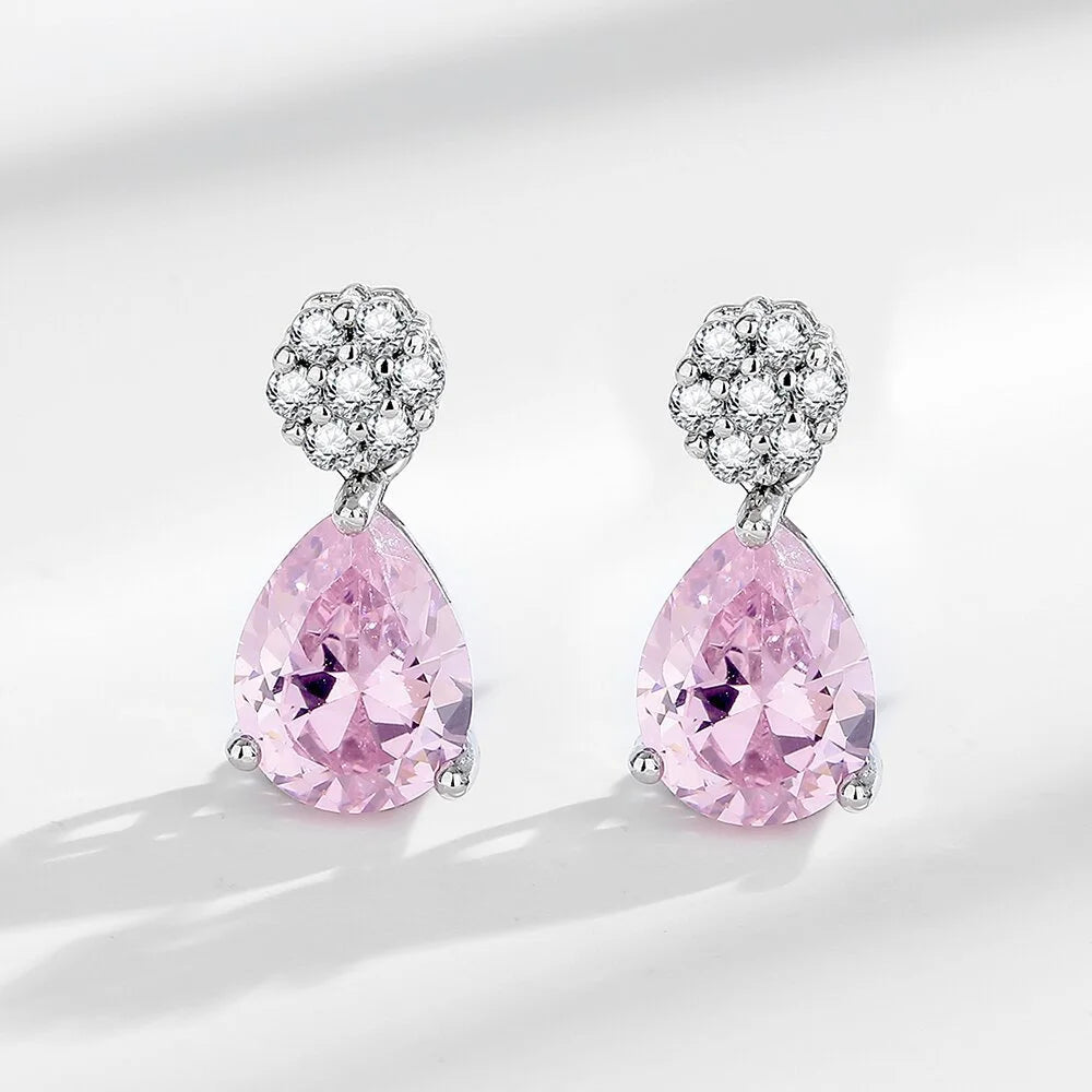 925 Sterling Silver Jewelry Set Shiny Rose Quartz Zircon Women Necklace Earrings Birthday Wedding Party Jewelry Gift Viralgem Store