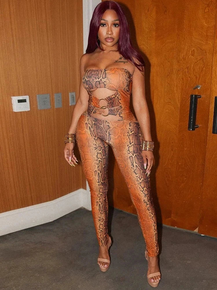Weird Puss Sexy Snake Print Jumpsuit Women Y2K Strapless Hollow Metal Cirque Midnight Workout Activity Hipster Stretch Overalls Viralgem Store