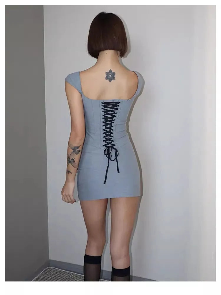 Women Square Neck Rowena Grey Lace Back Corset