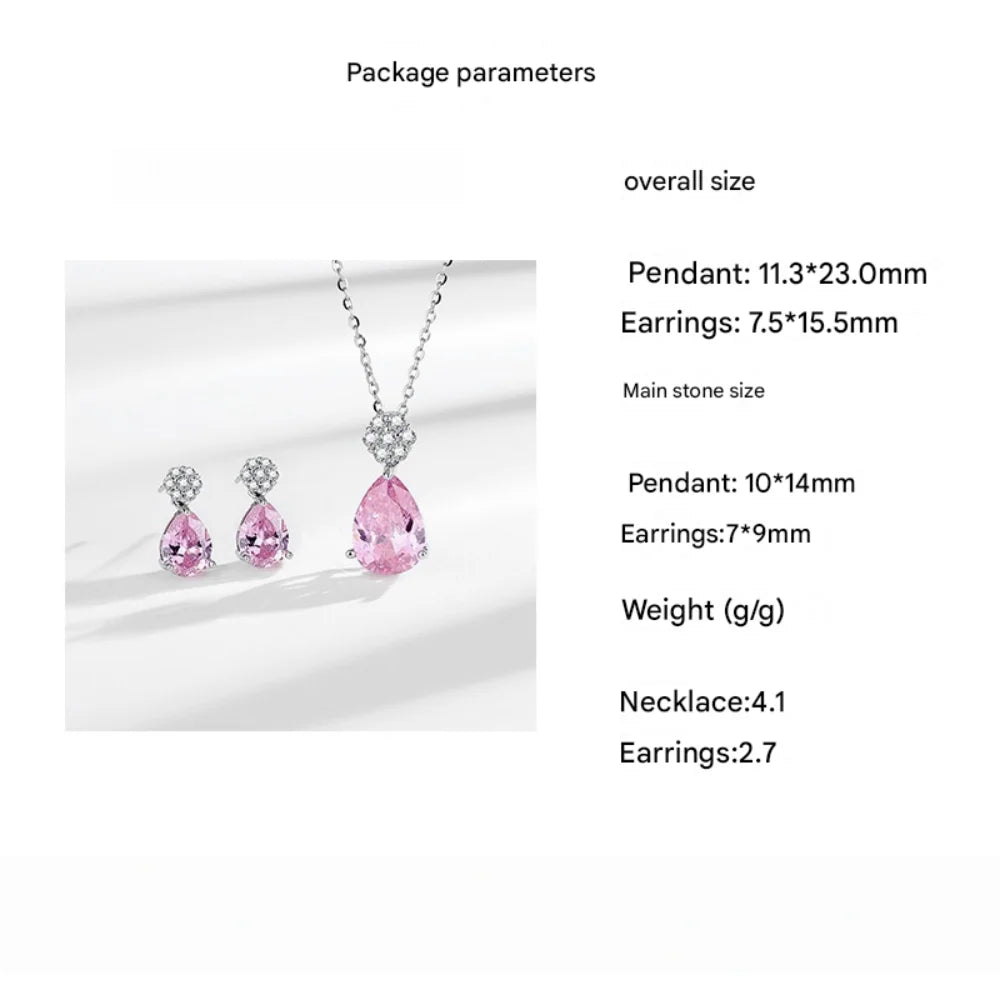 925 Sterling Silver Jewelry Set Shiny Rose Quartz Zircon Women Necklace Earrings Birthday Wedding Party Jewelry Gift Viralgem Store
