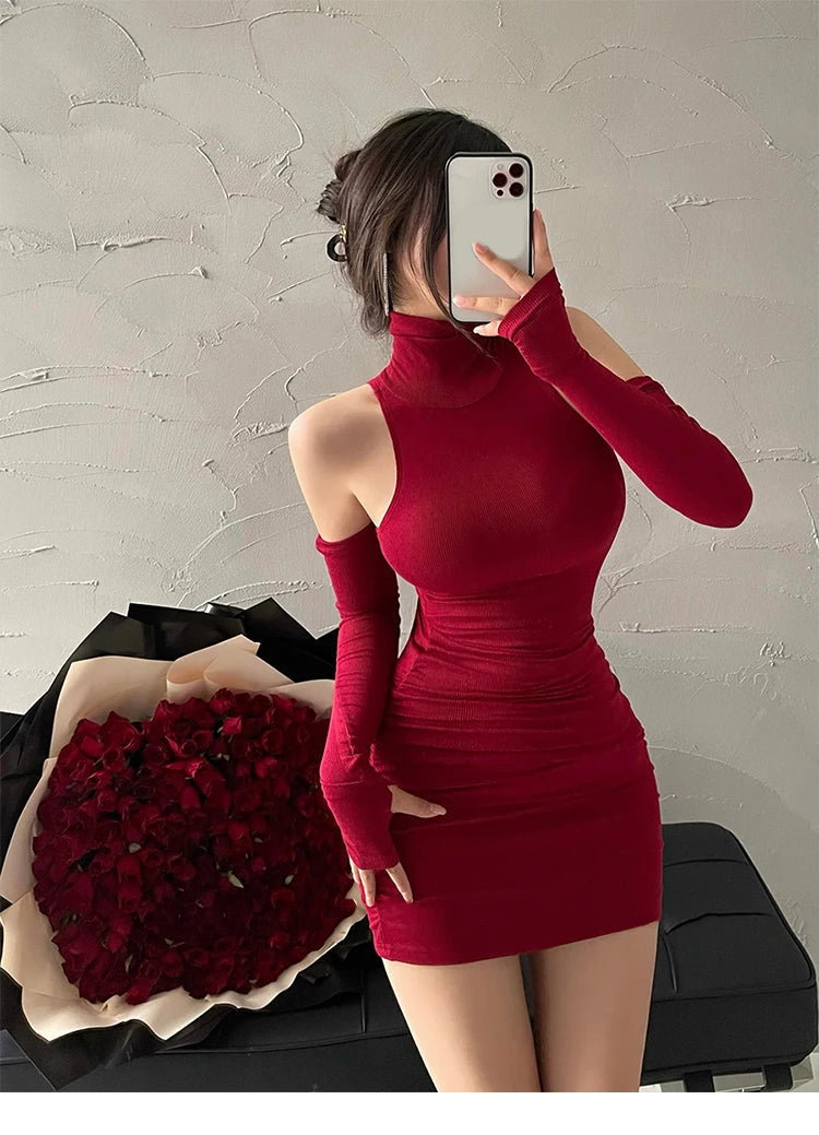 Summer Sexy High Neck Tight Dress Oversleeve Pleated Bottom Wrapped Hip Dress Women Bodycon Viralgem Store