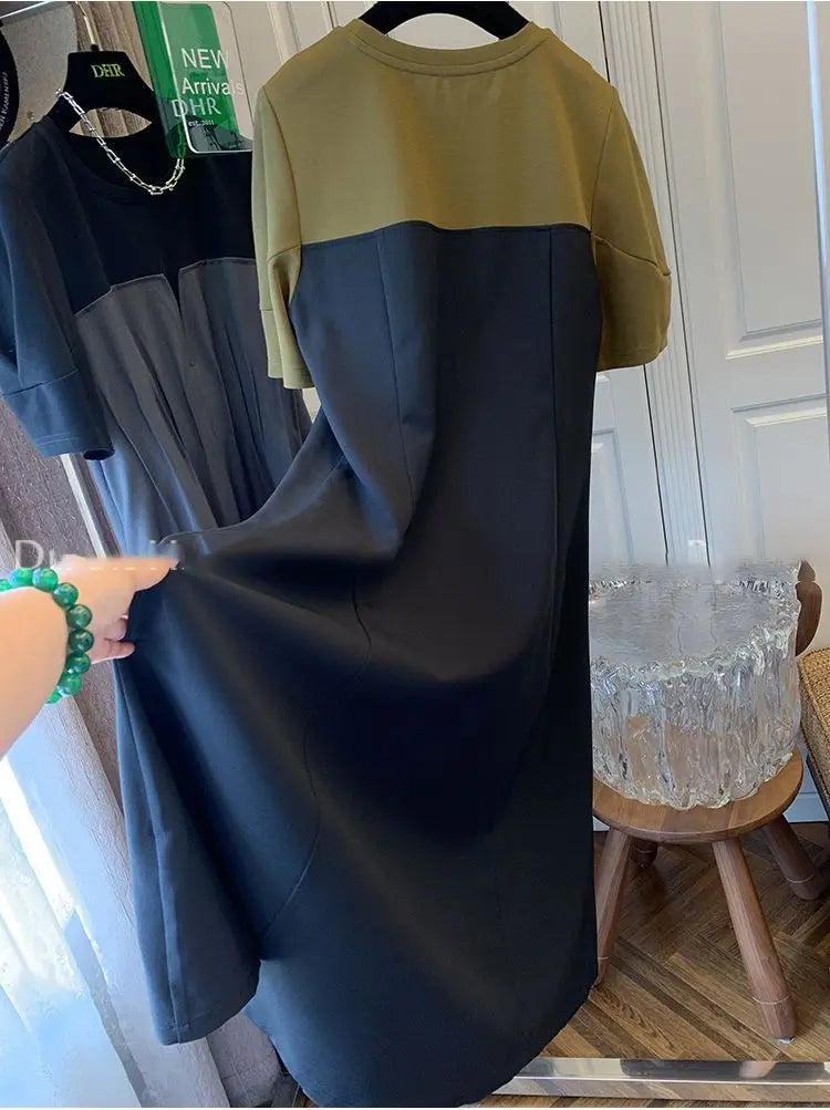 Women Plus Size L-5XL T Shirt Dress Short Sleeve O Neck Pleating Knee Dresses Female 2024 Summer Casual Fashion Clothing Robe