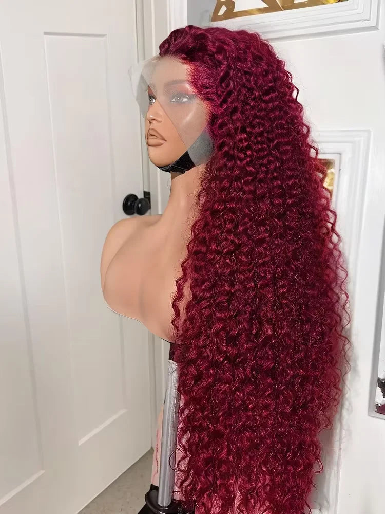 250 Density 13x4 Curly 99J Burgundy Lace Front Wig Red Wine 30 Inch Deep Wave Brazilian HD Glueless Lace Frontal Human Hair Wigs Viralgem Store