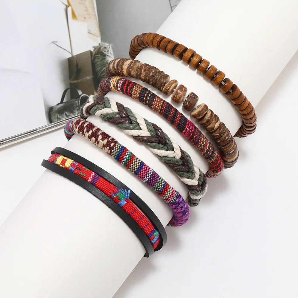 4Pcs/ Set Braided Wrap Leather Bracelets for Men Vintage Life Tree Rudder Charm Wood Beads Ethnic Tribal Wristband Rope Bracelet