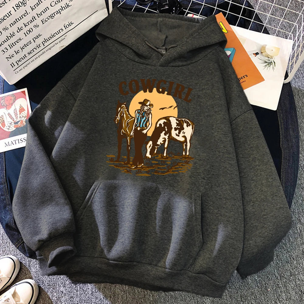 The Cowgirl And Her Cow And Horse Live In The West Hoody Woman Hip Hop Street Hoodies Crewneck Pocket Clothes Loose Pullover