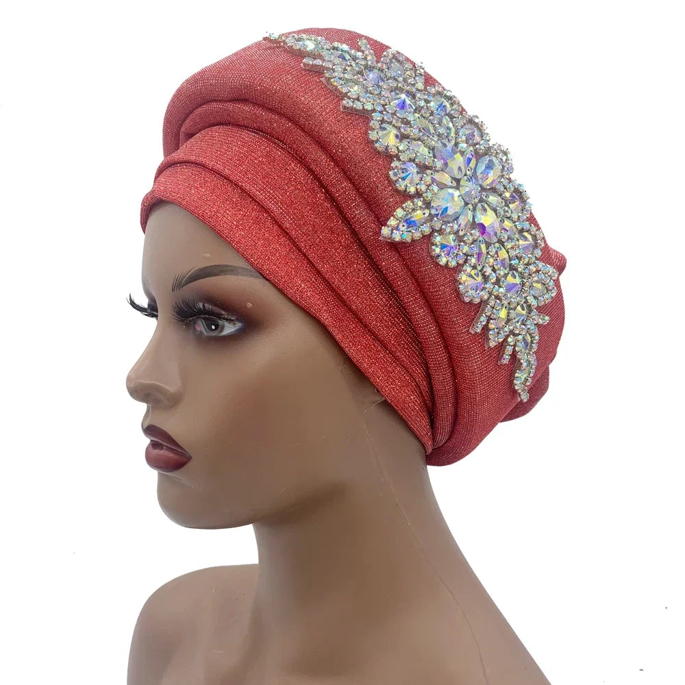 African Wrap Head Headgear Nigeria Auto Gele Headtie Turbante Mujer Luxury Rhinestone Turban Hat for Women Glitter
