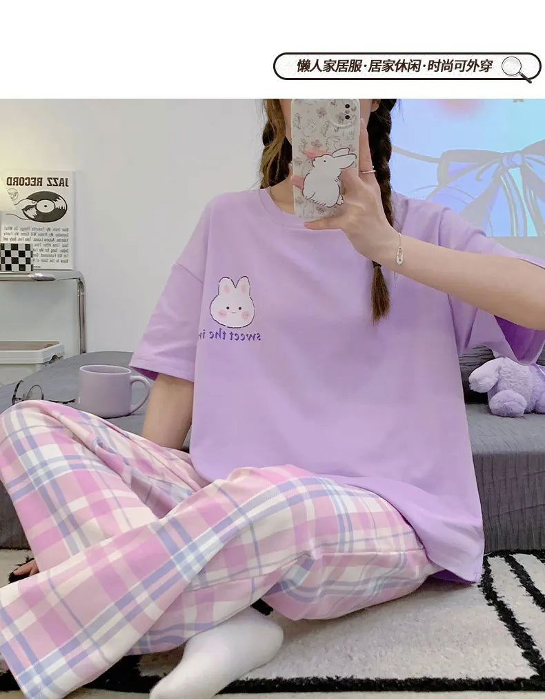 Spring Summer Women Pajamas Soft Cotton Cute Rabbit Print Pijamas Short Sleeved Plaid Pants Sleepwear Fashion Home Wear