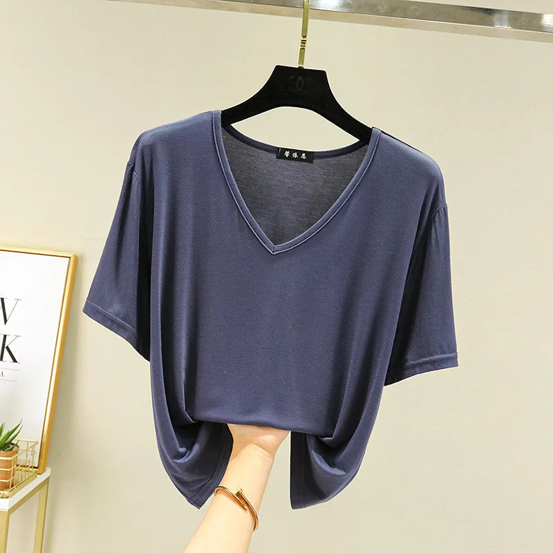 Women's T-shirt Modal V-Neck Short sleeves Tops Summer Casual T Shirts  Solid color Loose basic Bottoming Tees