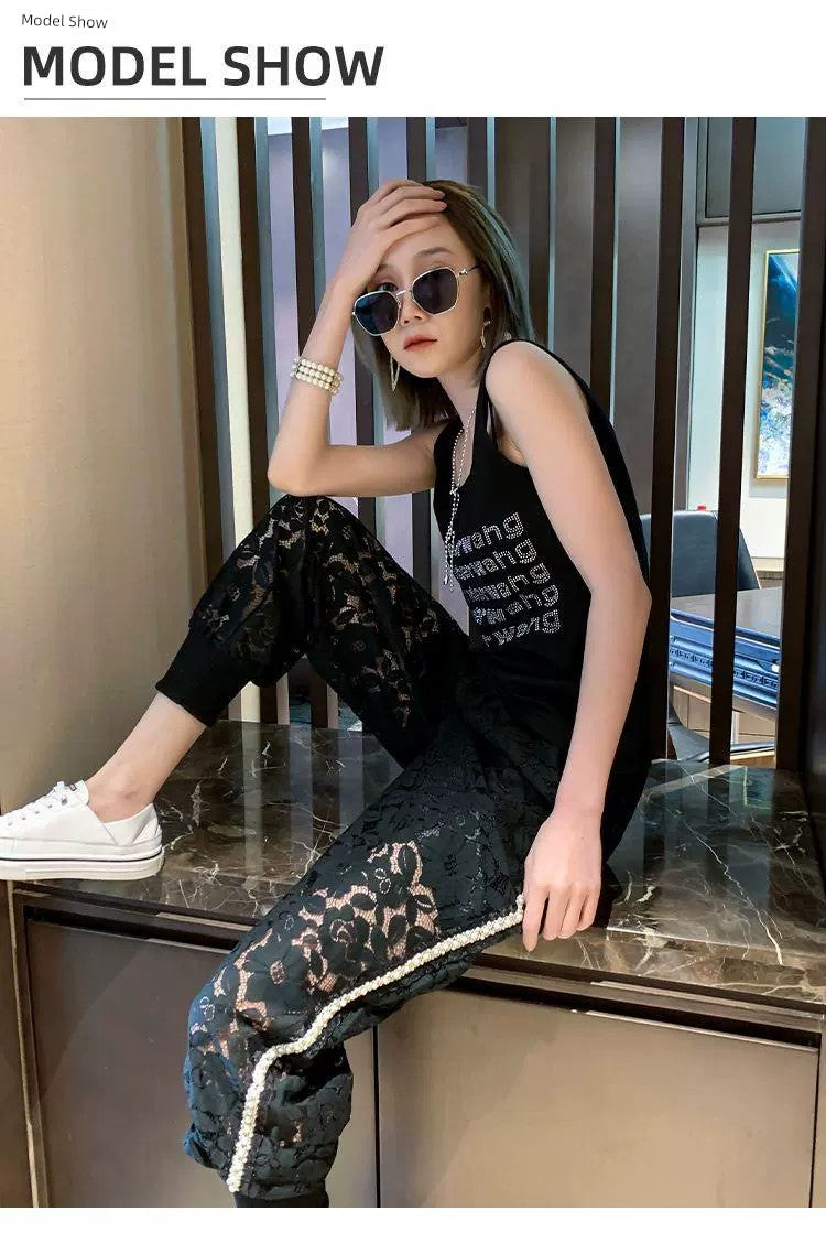 150.00kg Plus Size Heavy Industry Beaded Lace Casual Pants Plus Size Ladies Loose Fashion Thin Hollow Crochet Sports Pants