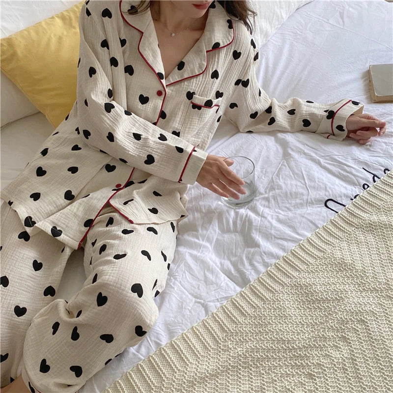 2 Pieces Womens Pajamas Long Sleeve Sleepwear Korean Heart Print Pijama Set Casual Nightwear Lady Home Suit Spring Pyjama Nighty